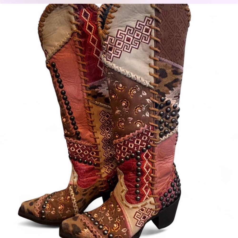 Patchwork Studded Knee-High Boots - Pink Brown - Picture 4 of 7